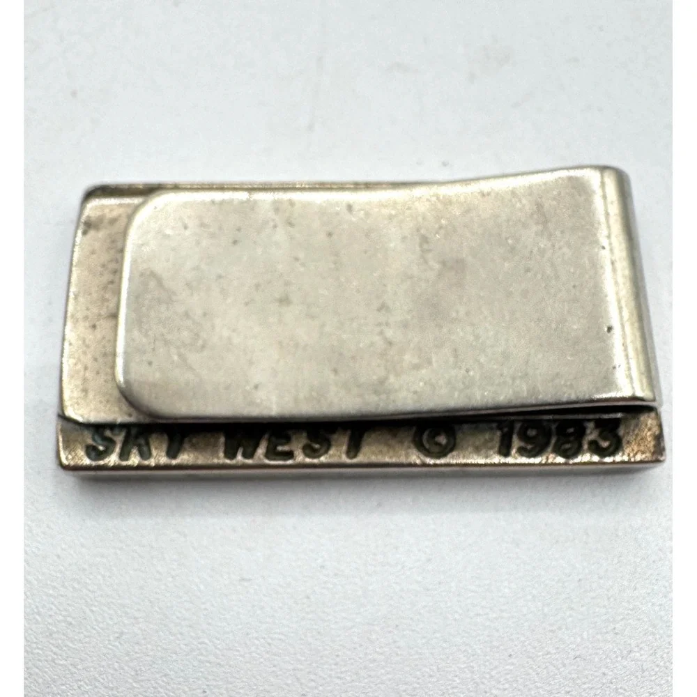 Vintage 1983 Sky West Turquoise Wood Inlay Mountain Landscape Money Clip Mens